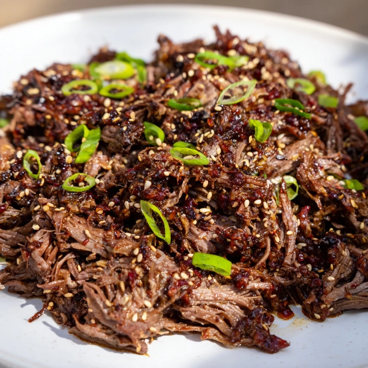 Slow-cooked Korean beef recipe in a rich, savory-sweet sauce served over fluffy white rice with sesame seeds.