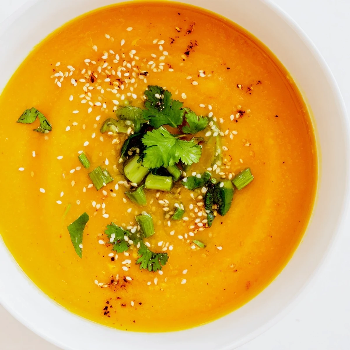 A warm bowl of Spicy Miso Carrot Soup with creamy orange texture and fresh cilantro garnish