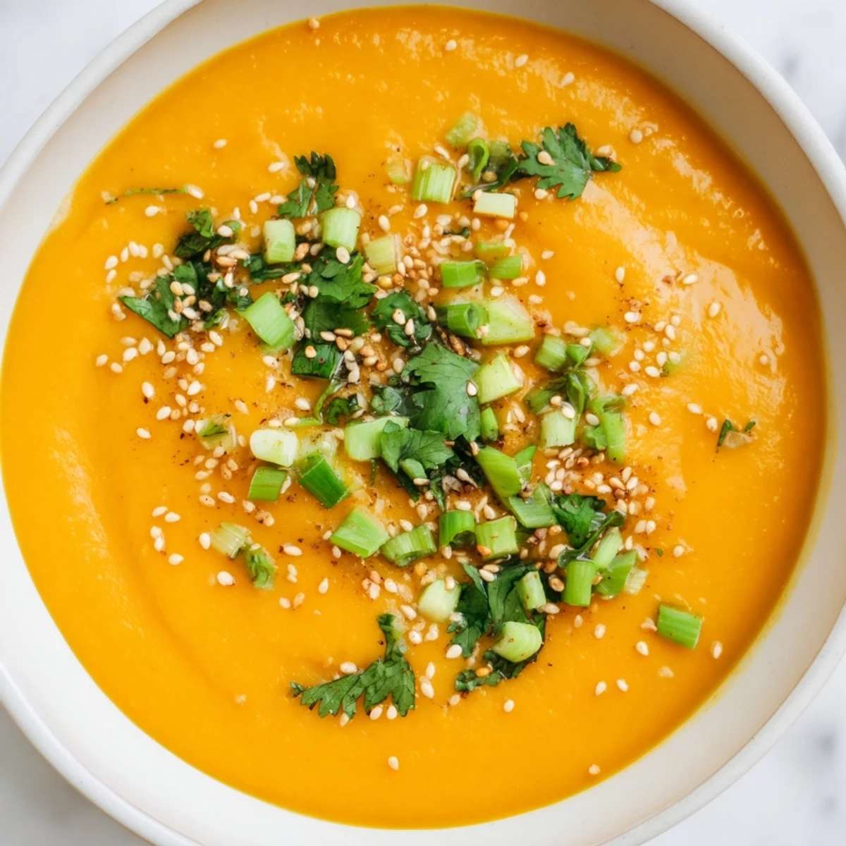 Vibrant Spicy Miso Carrot Soup served in a rustic bowl with toasted sesame seeds on top