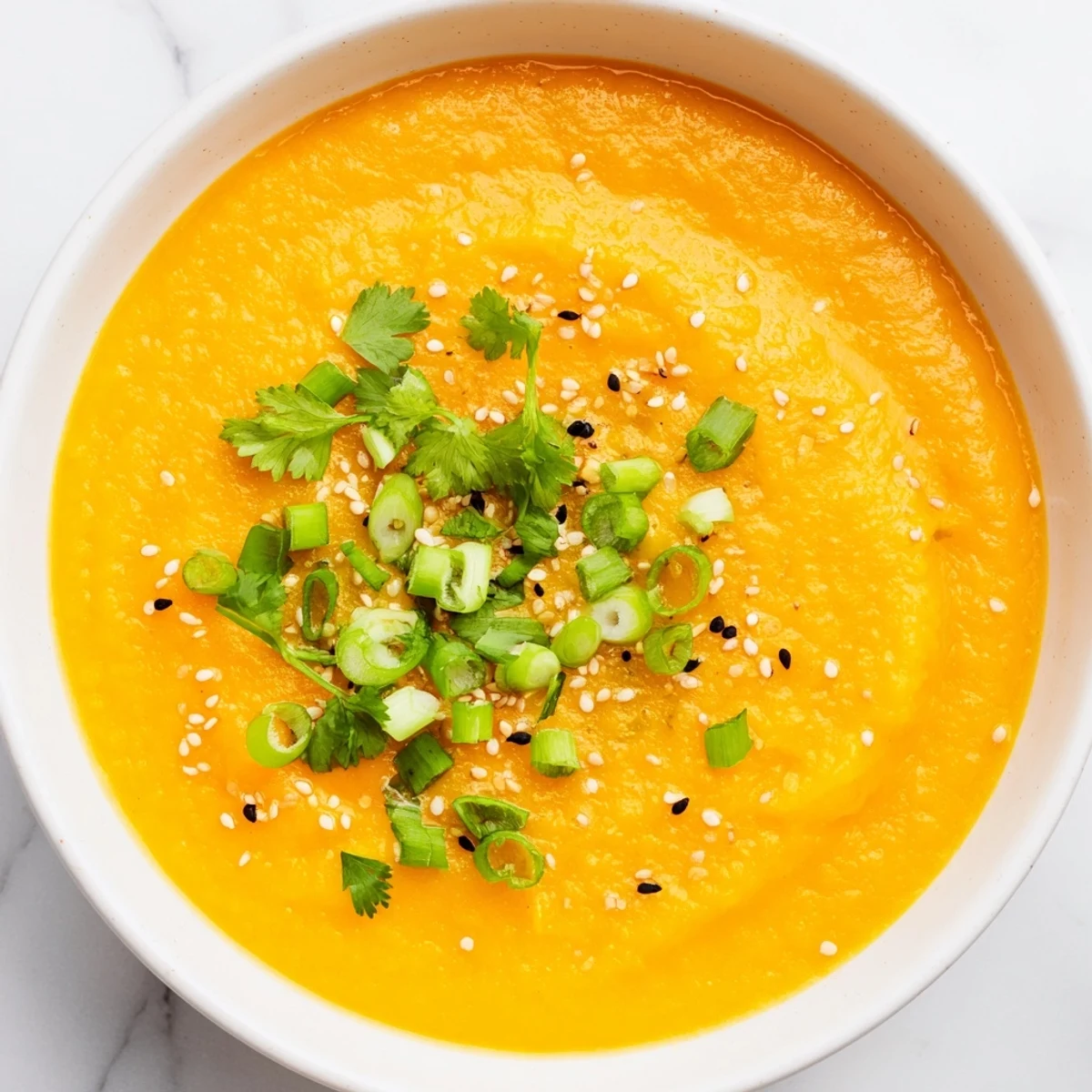 Cozy steaming Spicy Miso Carrot Soup garnished with green onions and a lime wedge on the side