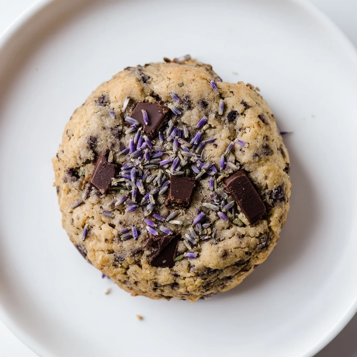 Warm lavender chocolate chip cookies on a wire rack, golden edges visible.