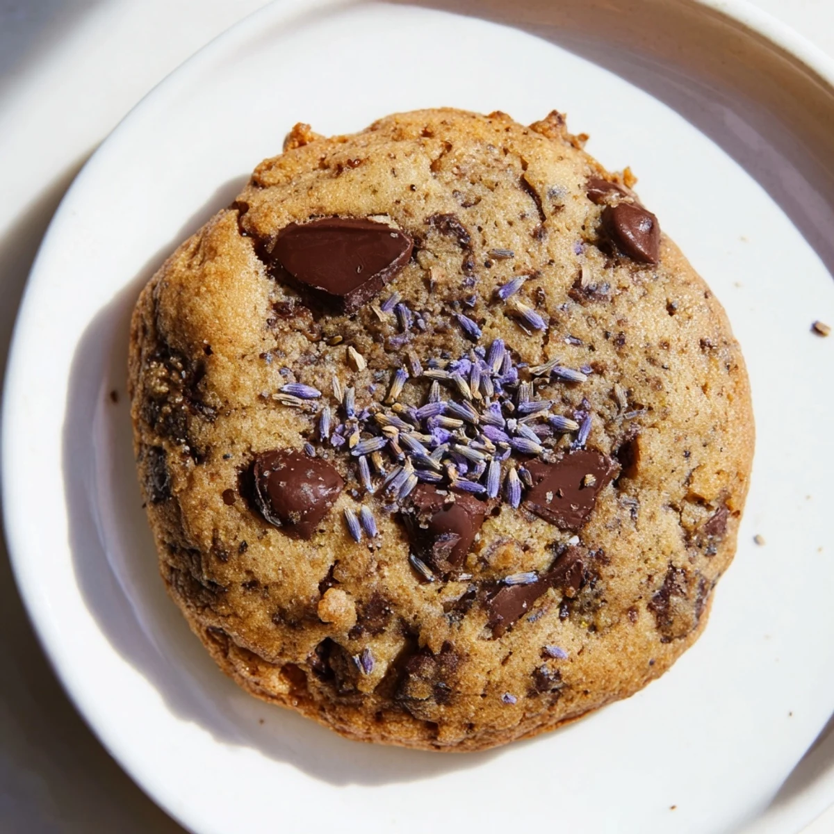 Freshly baked lavender chocolate chip cookies resting on parchment with visible crumbs.