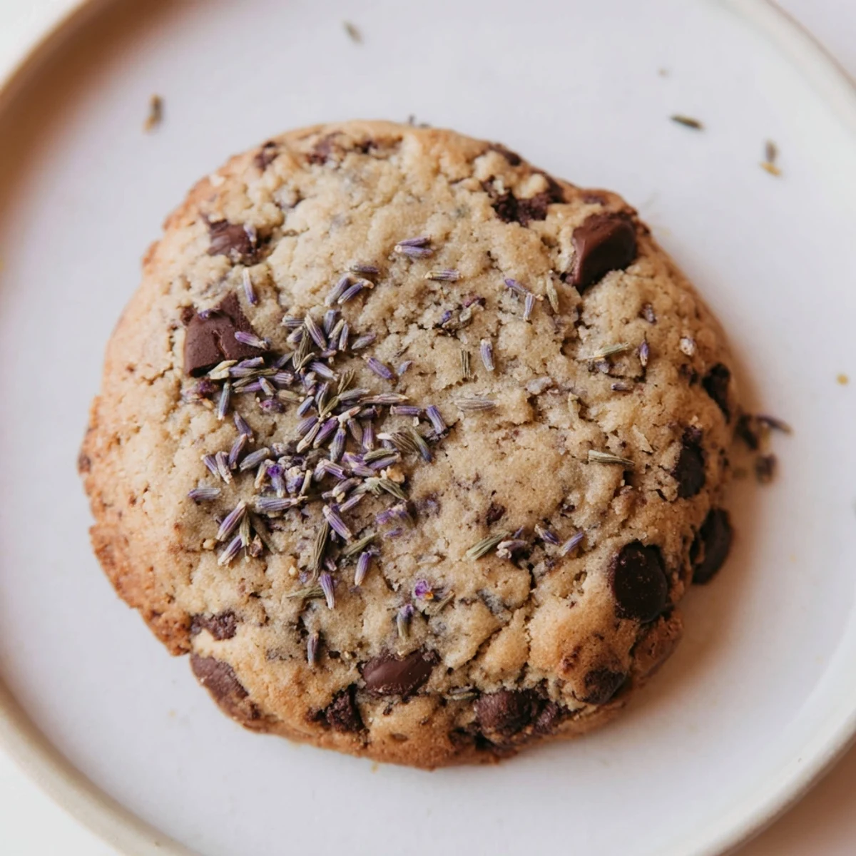 Golden lavender chocolate chip cookies on a cooling rack ready to serve.