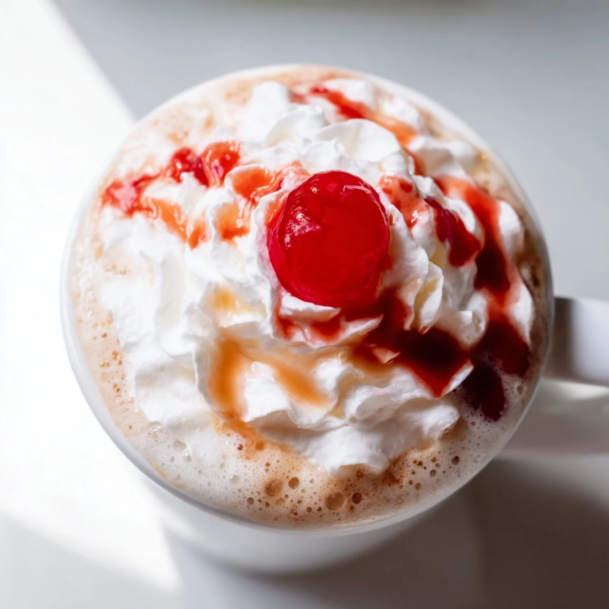 Iced Viral Cherry Vanilla Latte in a clear glass with cherries and a straw.