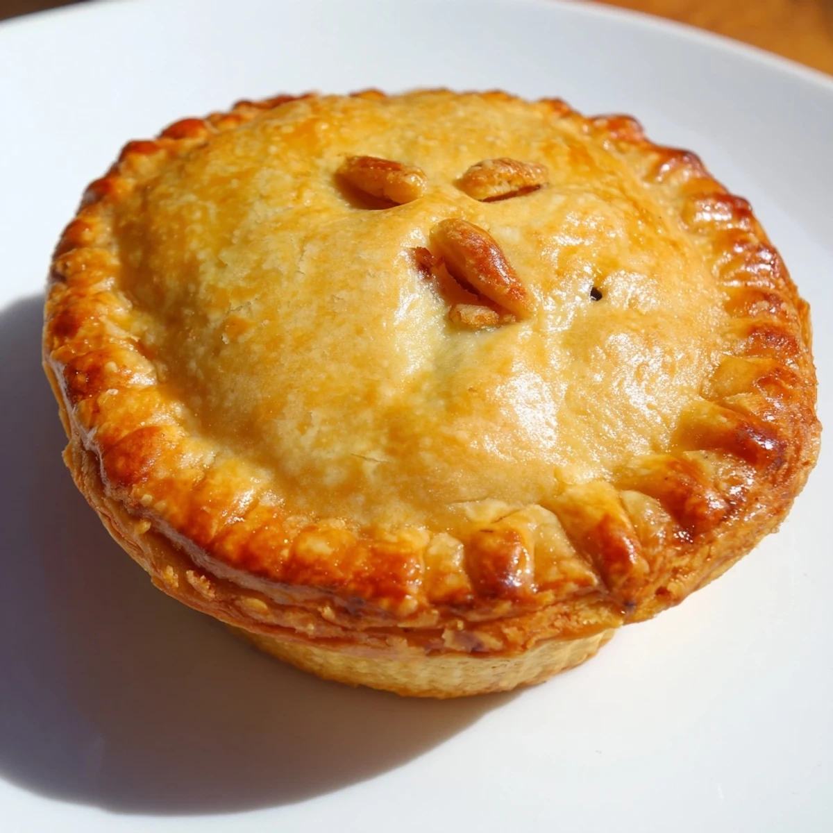 A close up of golden Savory Beef Meat Pies reveals flaky crust and hearty beef filling.