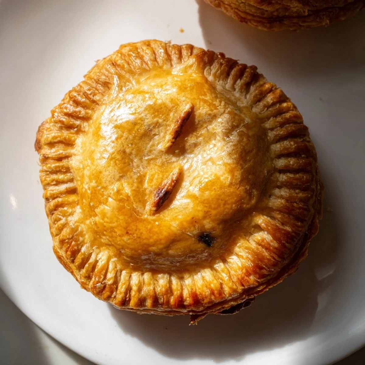 Steam rises from warm Savory Beef Meat Pies served on a plate with a side of mashed potatoes.