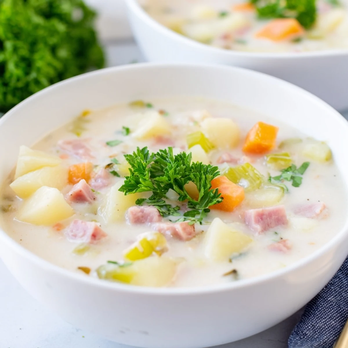 Creamy Light Ham & Potato Chowder steaming in a rustic bowl with fresh parsley garnish and crusty bread.