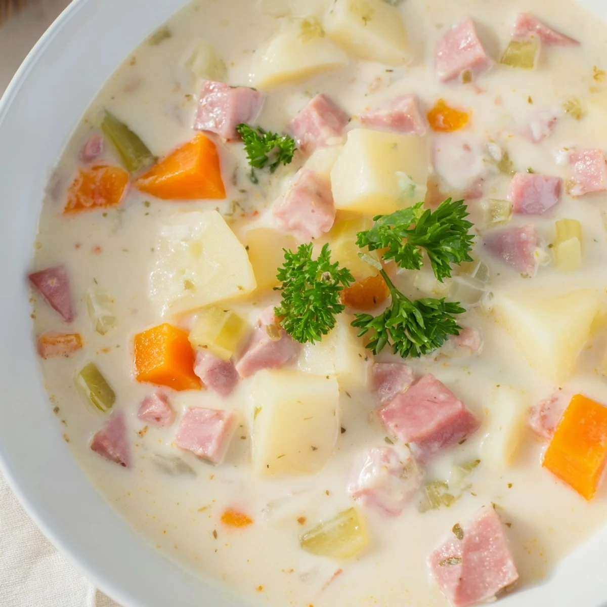 Light Ham & Potato Chowder served in a cozy soup bowl with carrots, celery, and a hearty spoonful.