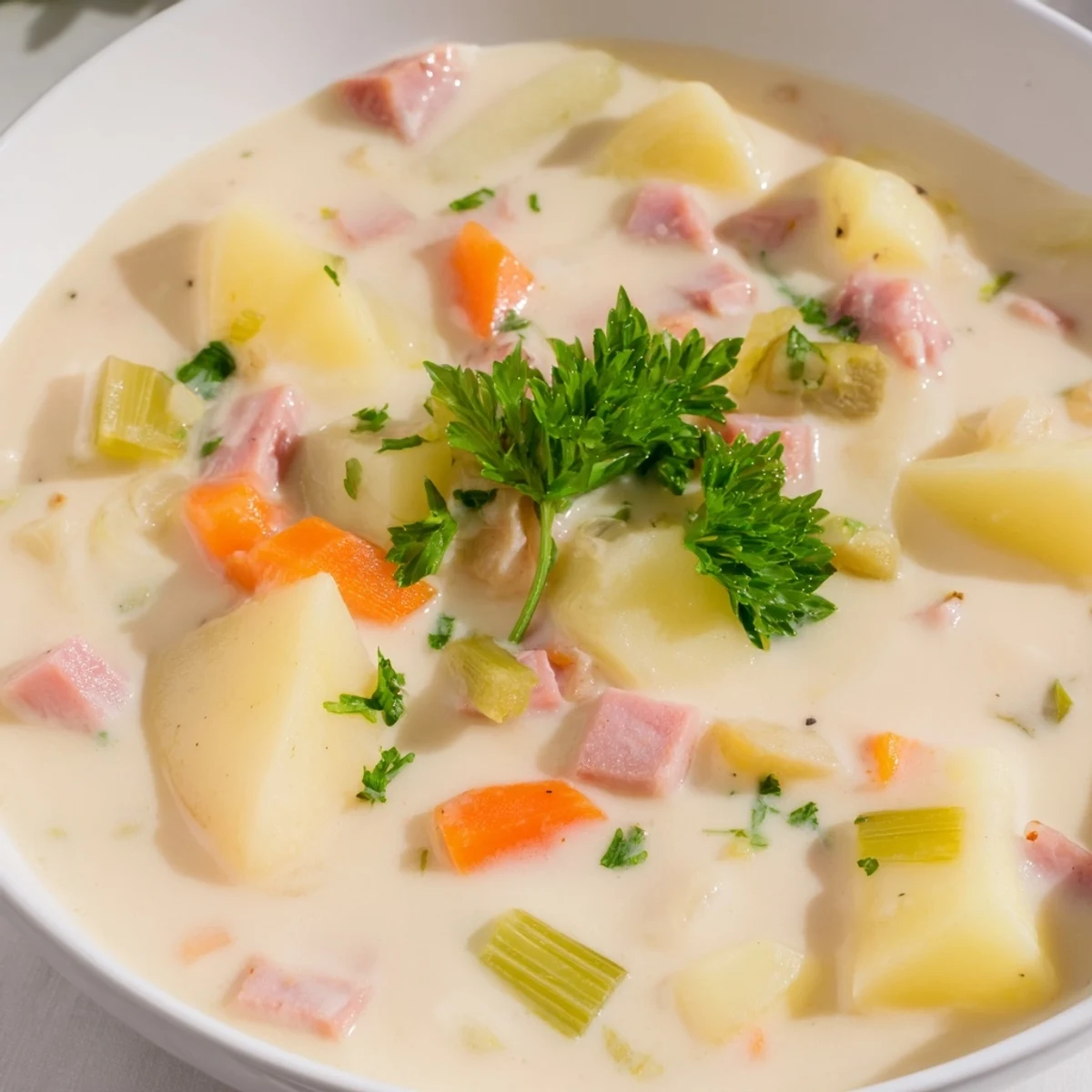 A close-up of Light Ham & Potato Chowder revealing tender potato cubes and diced ham in velvety broth.