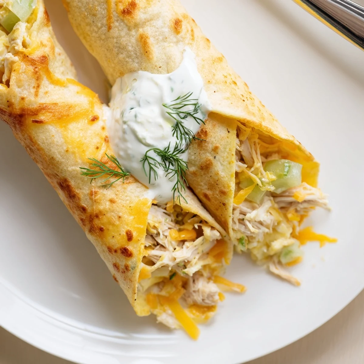 Golden-brown Dill Pickle Ranch Chicken Taquitos, baked and served with dipping sauce on a wooden board.