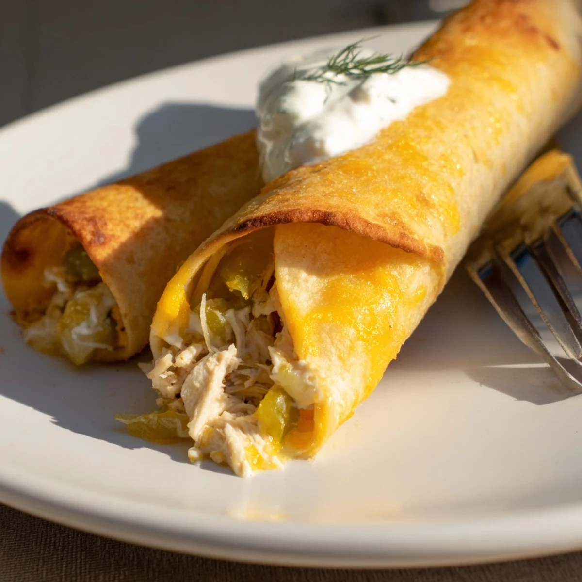 Savory Dill Pickle Ranch Chicken Taquitos presented on a platter with fresh dill garnish.