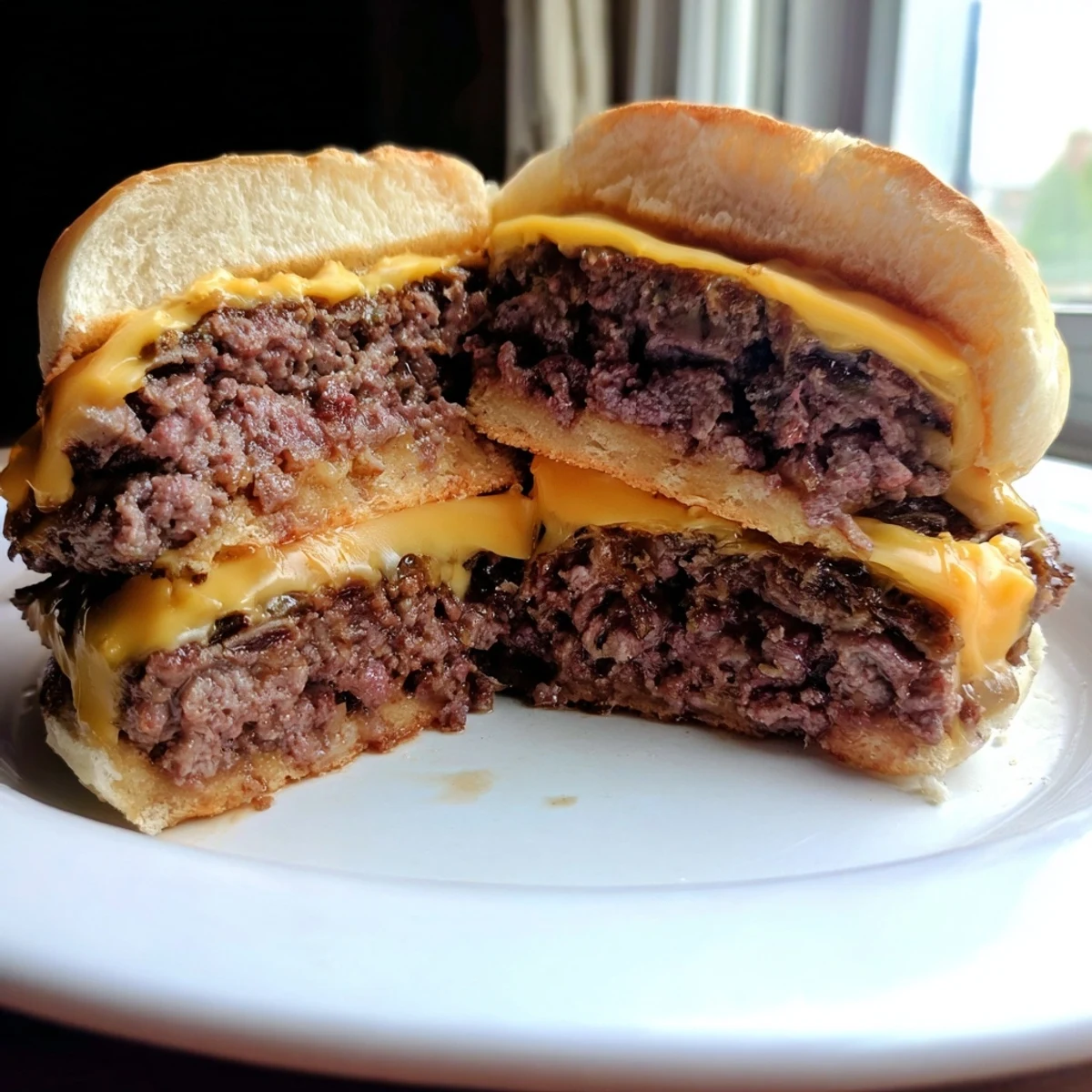 Stacked Flying Dutchman Burger with melted American cheese and juicy beef patties, served without a bun on a plate.  