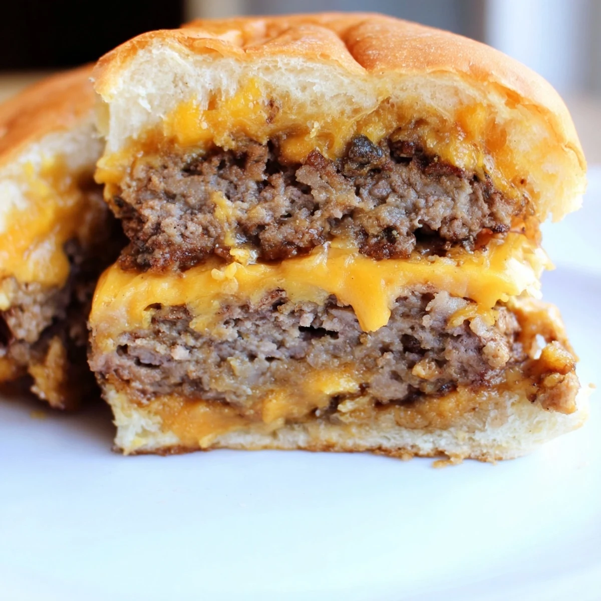 Flying Dutchman Burger features layers of savory beef and gooey cheese, garnished with pickles and grilled onions.  