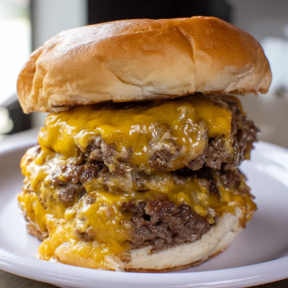 Close-up of Flying Dutchman Burger with melted cheese oozing between patties, ready to enjoy hot and fresh.