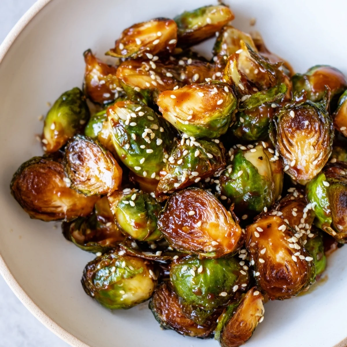Crispy roasted Brussels sprouts tossed in a sweet and spicy honey Sriracha glaze, garnished with fresh cilantro.