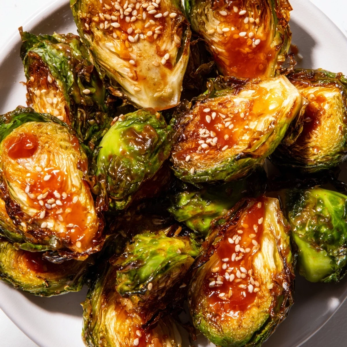 Golden Honey Sriracha Brussels Sprouts on a white plate with sesame seeds, served as a flavorful appetizer.