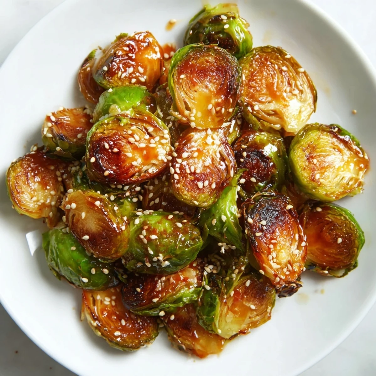 Roasted Honey Sriracha Brussels Sprouts glistening with glaze, arranged next to chopsticks on a rustic wooden table.