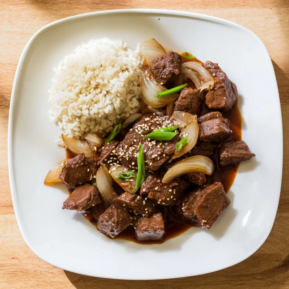Steaming Crock Pot Korean Beef in a slow cooker, surrounded by sliced onions and a drizzle of savory sauce.