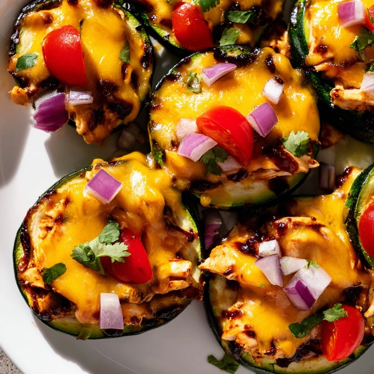 Roasted zucchini rounds topped with smoky BBQ chicken and melted cheese in Cheesy BBQ Chicken Zucchini Nachos.