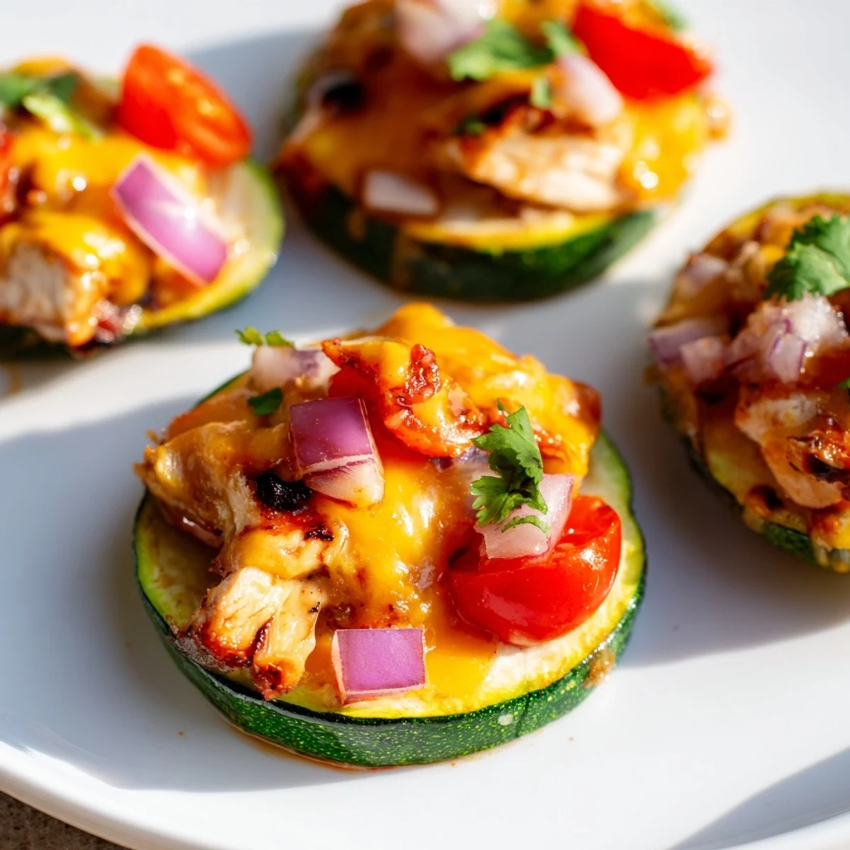 Fresh cilantro and diced tomatoes garnish Cheesy BBQ Chicken Zucchini Nachos served with lime wedges on a platter.