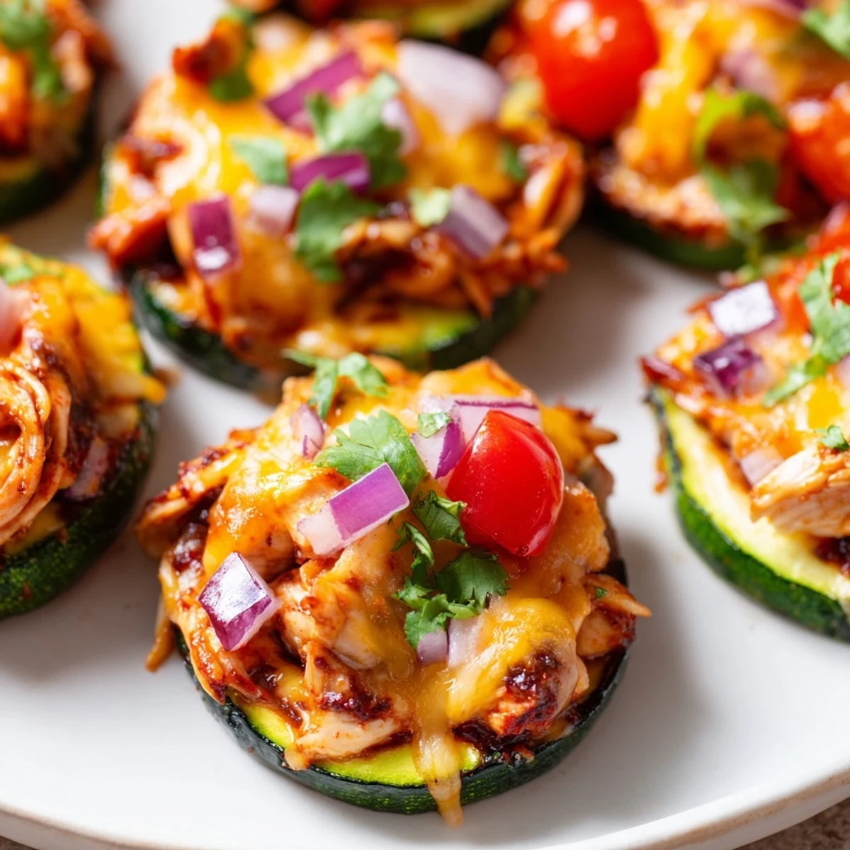 Golden zucchini slices hold tender BBQ chicken and cheddar cheese for a low-carb Cheesy BBQ Chicken Zucchini Nachos appetizer.