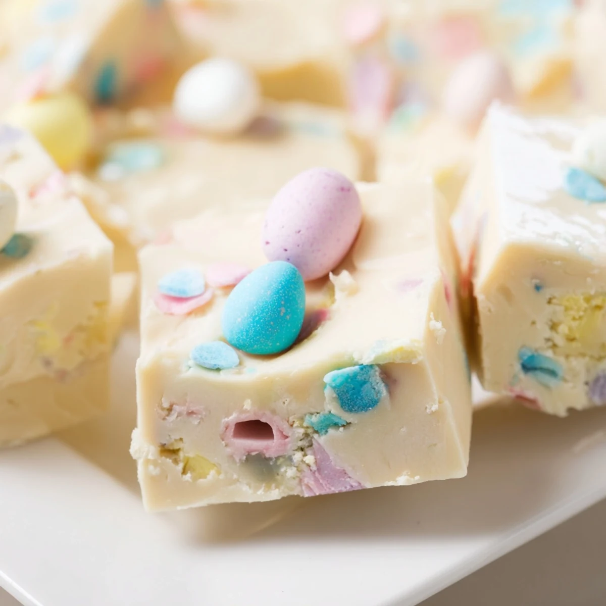 Creamy Easter Fudge squares topped with pastel candy-coated eggs and sprinkles, ready for spring celebrations.