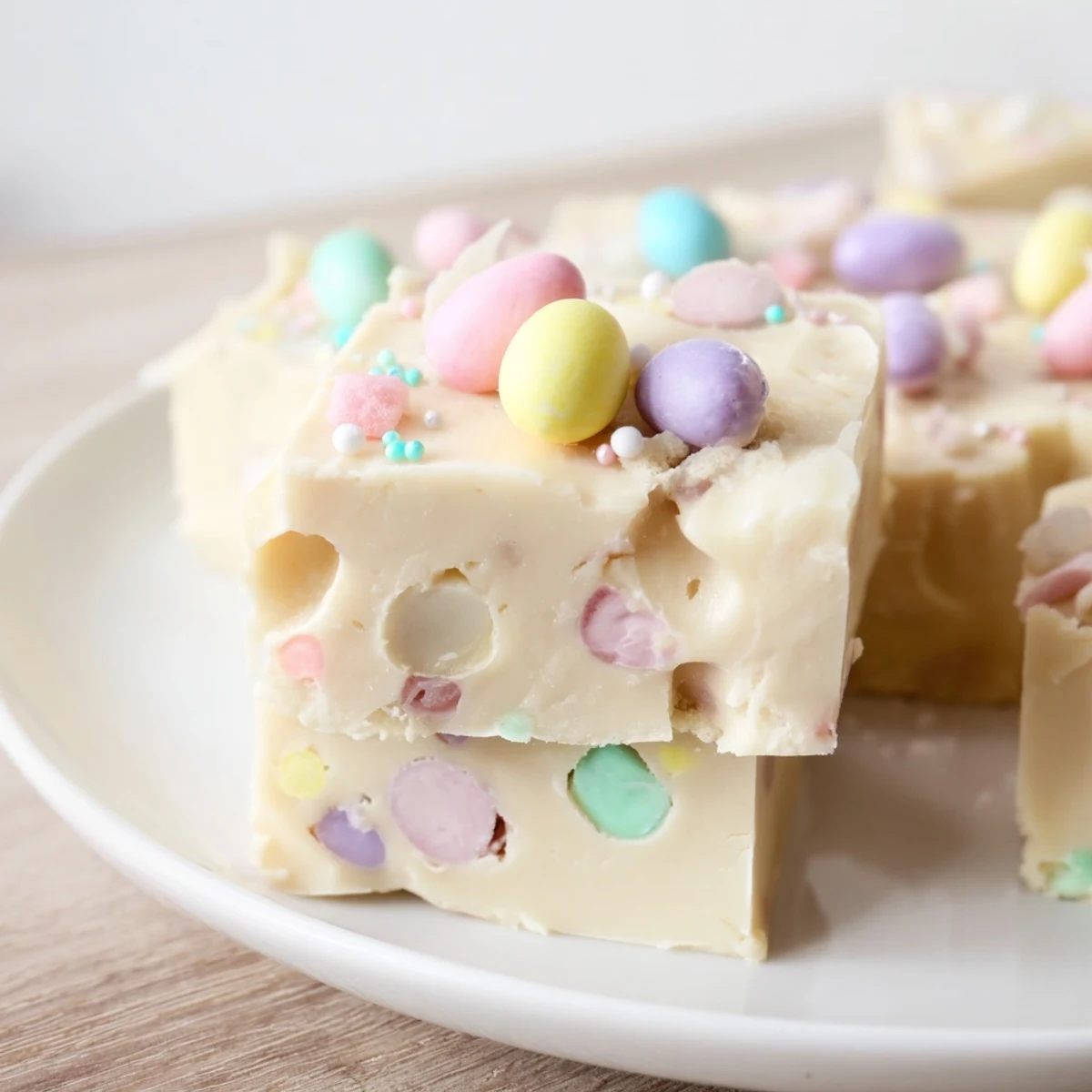 Cut slices of Easter Fudge displaying smooth white chocolate texture and colorful candy pieces inside.