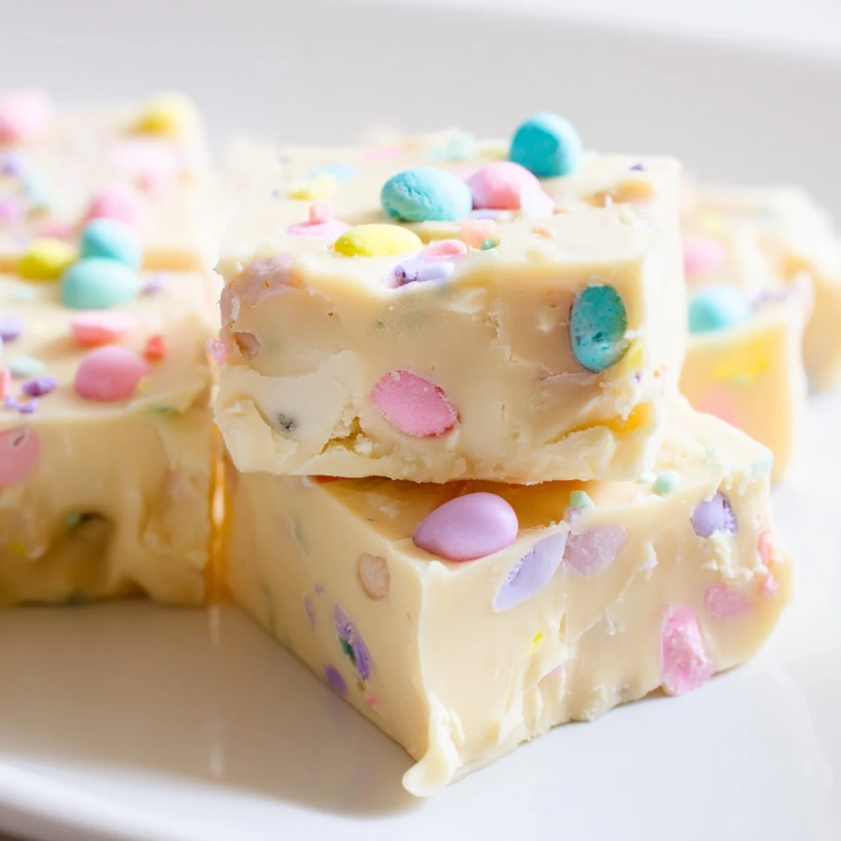 A square of glossy Easter Fudge studded with chopped pastel candies, set on a clean dessert plate.