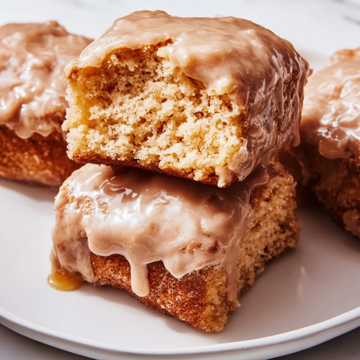 Freshly fried Maple Donut Bars cooling on a wire rack with sticky glaze dripping down the sides.