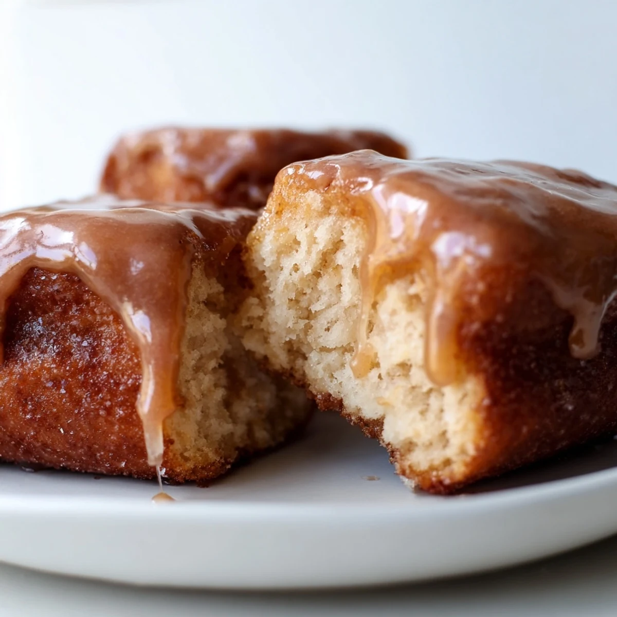 A stack of fluffy Maple Donut Bars drizzled with maple glaze on a rustic wooden board.