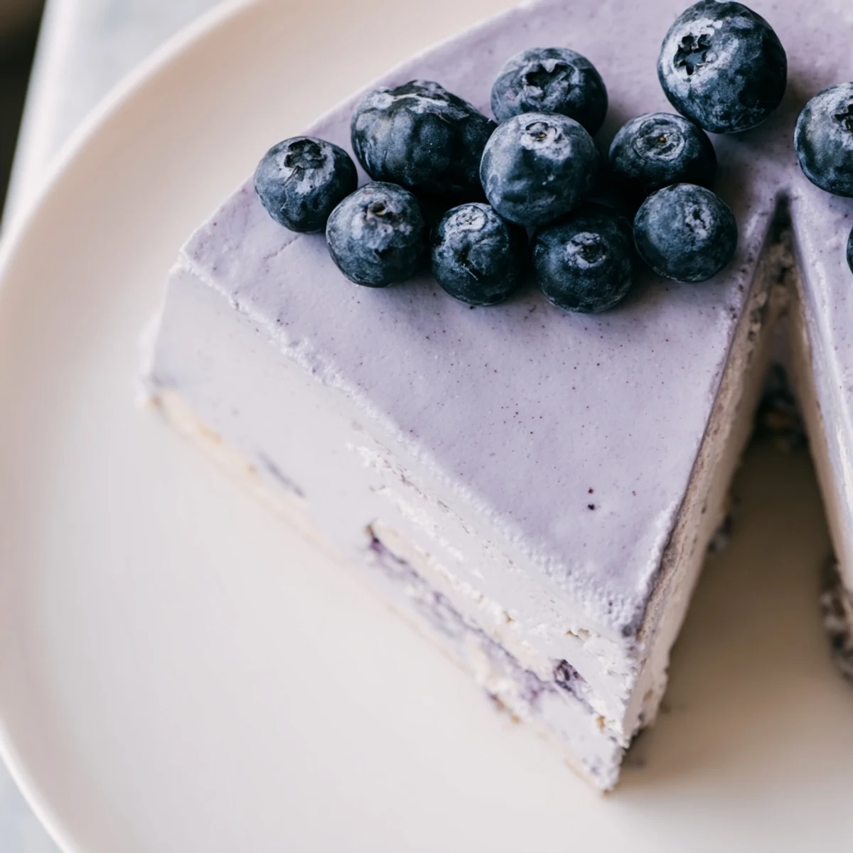 This Blueberry Mousse Cheesecake features a graham cracker crust, rich cream cheese layer, and vibrant blueberry topping with mint.