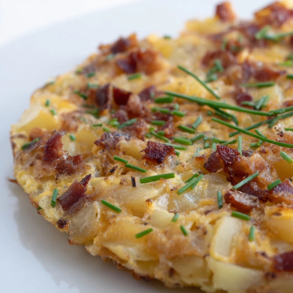 Golden slices of Bacon Potato Frittata rest on a white plate, garnished with fresh chives, perfect for a hearty brunch.