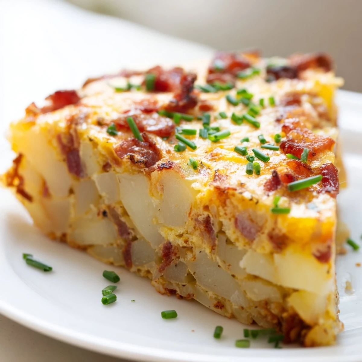 A close view of Bacon Potato Frittata reveals melted Gruyère and crispy bacon bits atop tender potatoes and eggs.