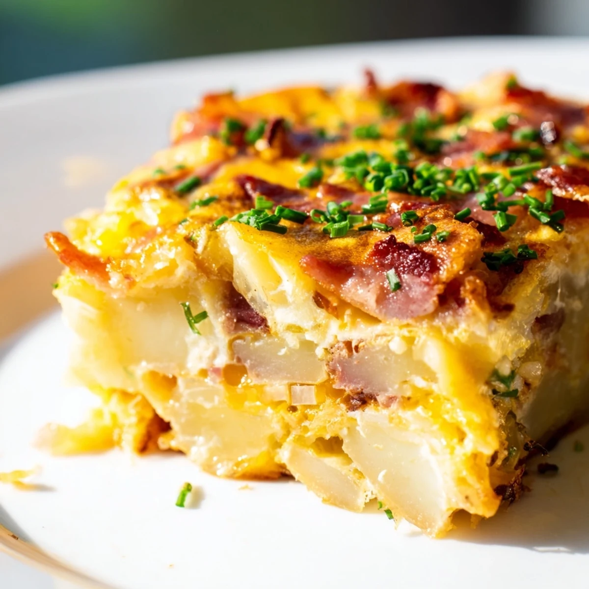 Cast iron skillet holds a freshly baked Bacon Potato Frittata, steam rising, ready to be served with a side salad.