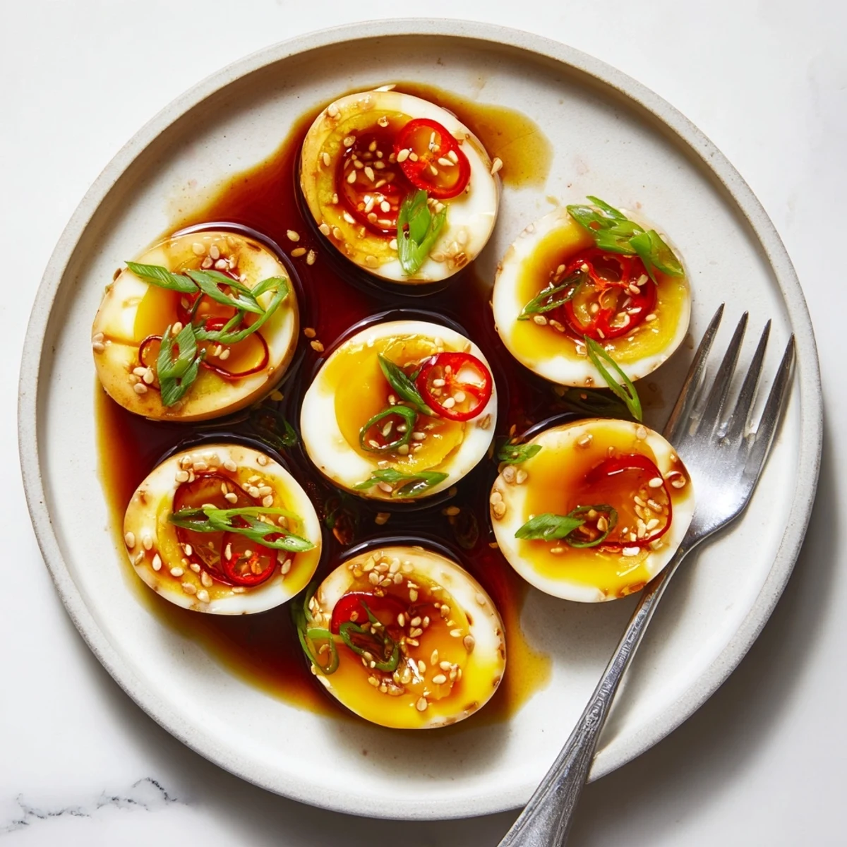 Six marinated Korean eggs halved and served over steamed rice with sesame seeds and fresh scallions.