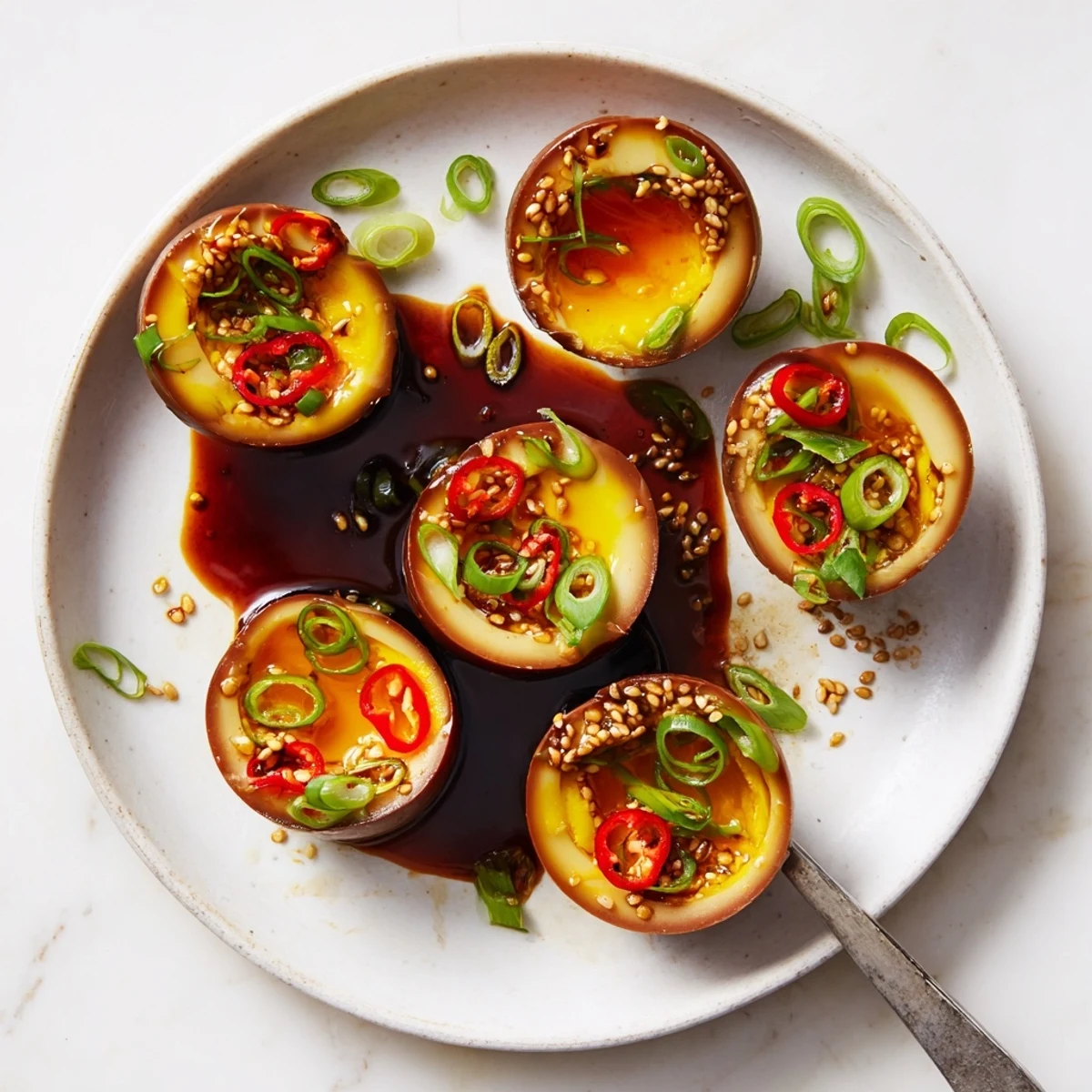 Korean marinated eggs with jammy yolks in a sweet soy sauce, garnished with sliced chili peppers.