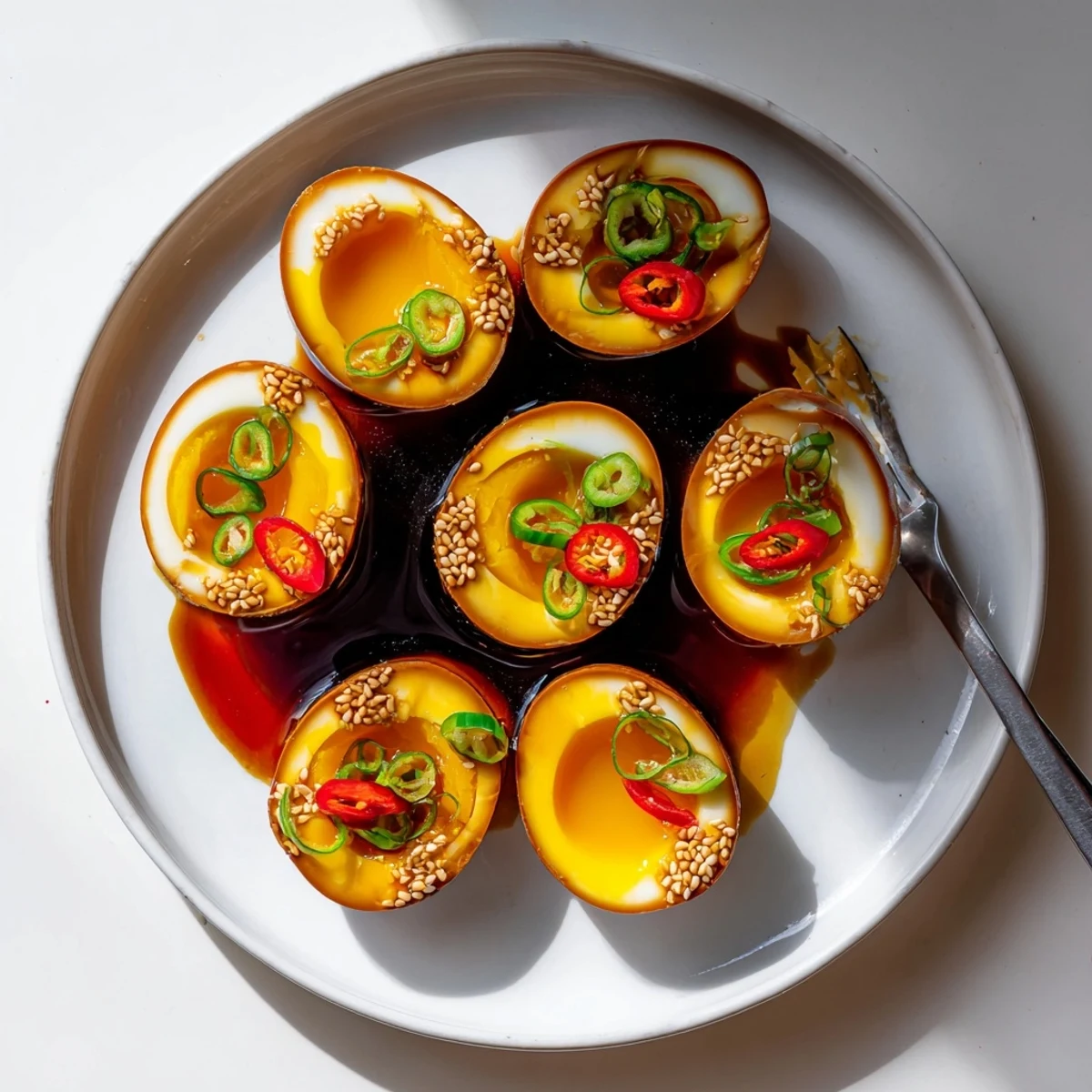 Close-up of Korean marinated eggs glistening in marinade, ready to eat as a savory snack or side.