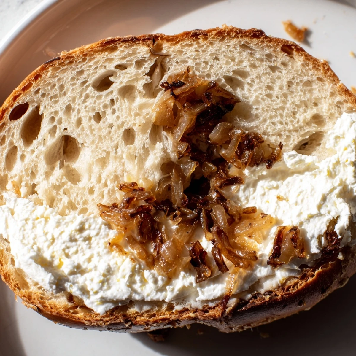 Slice of a warm Sourdough Onion Bagel showing chewy interior and savory onion topping ready to eat.