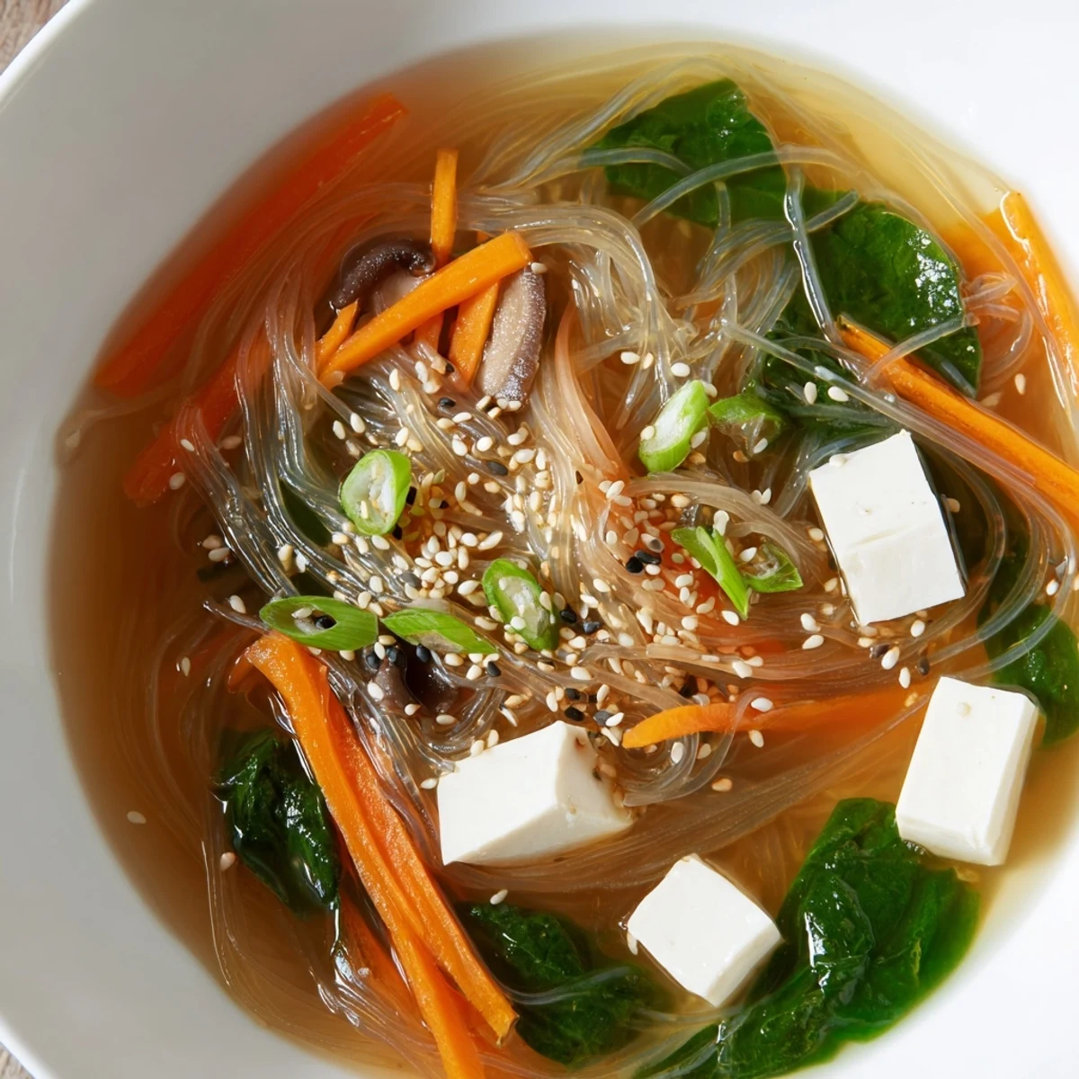 A close-up of Japanese Harusame Noodle Soup in a ceramic bowl with tofu, spinach, and shiitake mushrooms.