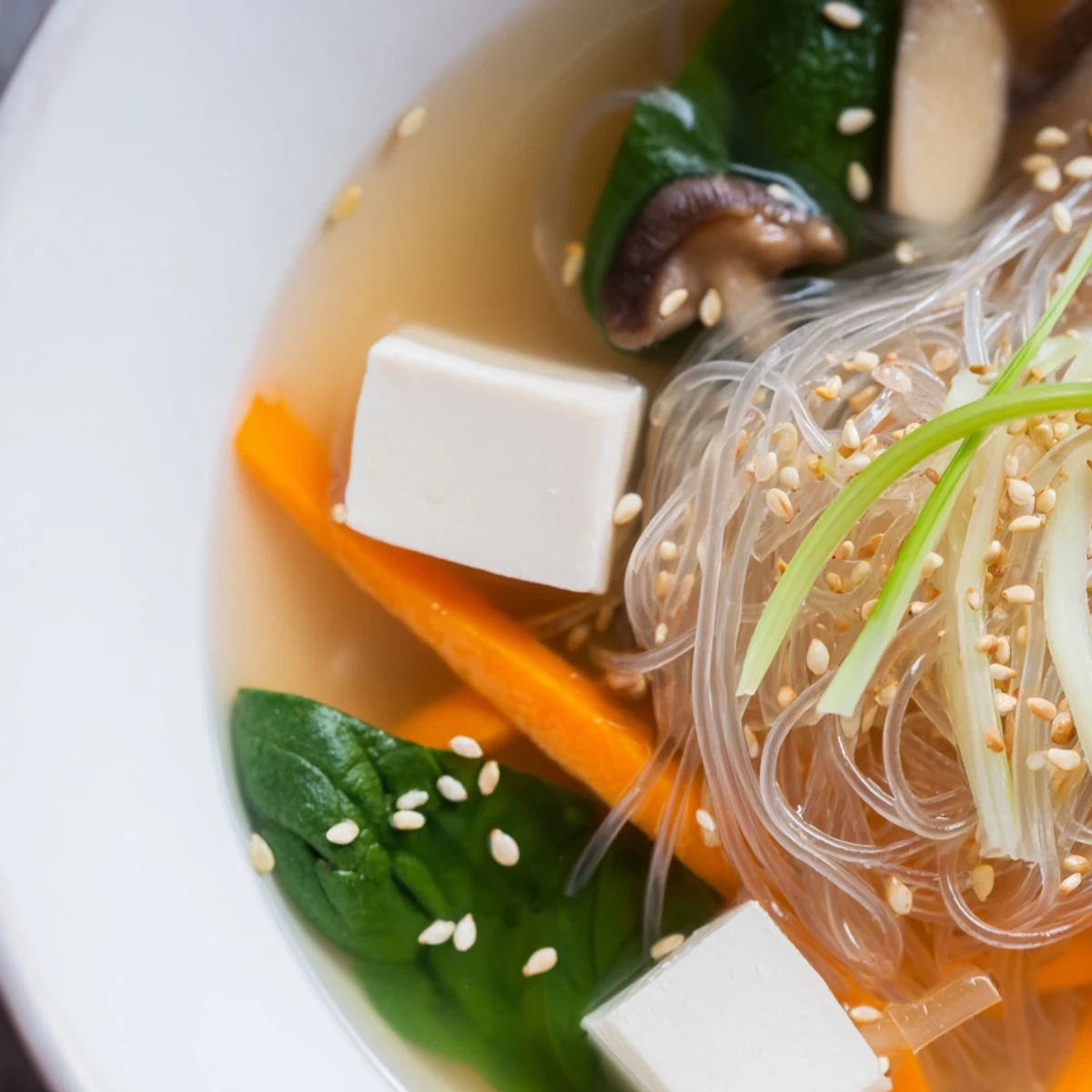 Steaming Japanese Harusame Noodle Soup in a white bowl shows glass noodles, carrots, and bok choy.
