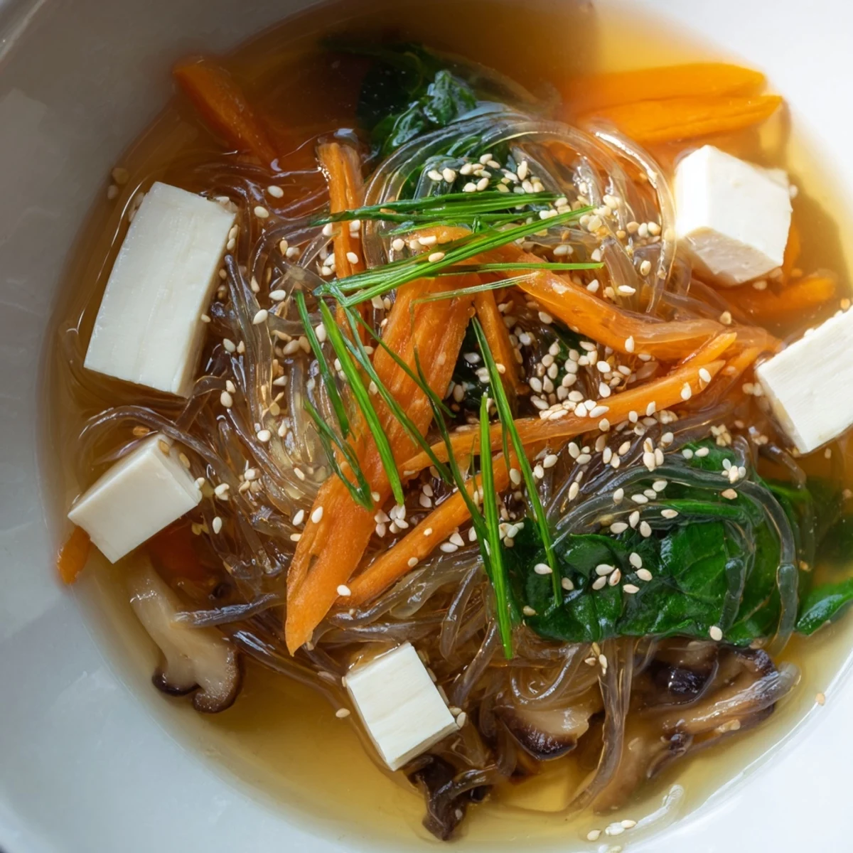 Japanese Harusame Noodle Soup served in a rustic pot with sesame seeds and fresh green onions.