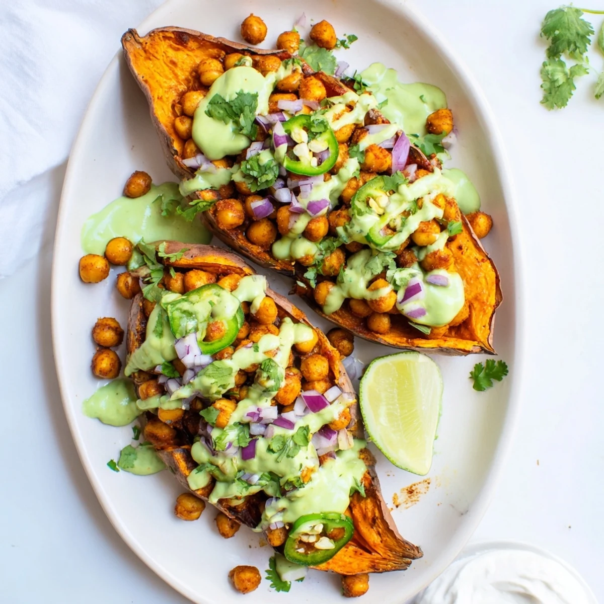 Golden baked sweet potatoes filled with smoky chickpeas and vibrant avocado lime sauce.