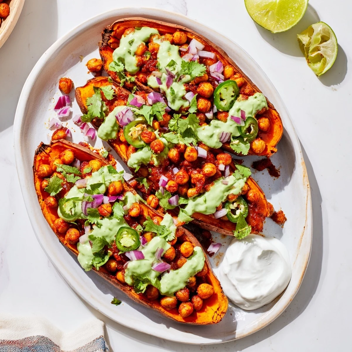 Roasted vegan BBQ chickpea sweet potatoes topped with creamy avocado lime drizzle.