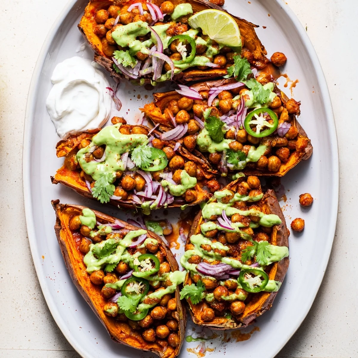 Vegan BBQ chickpea sweet potatoes garnished with fresh cilantro and red onion slices.
