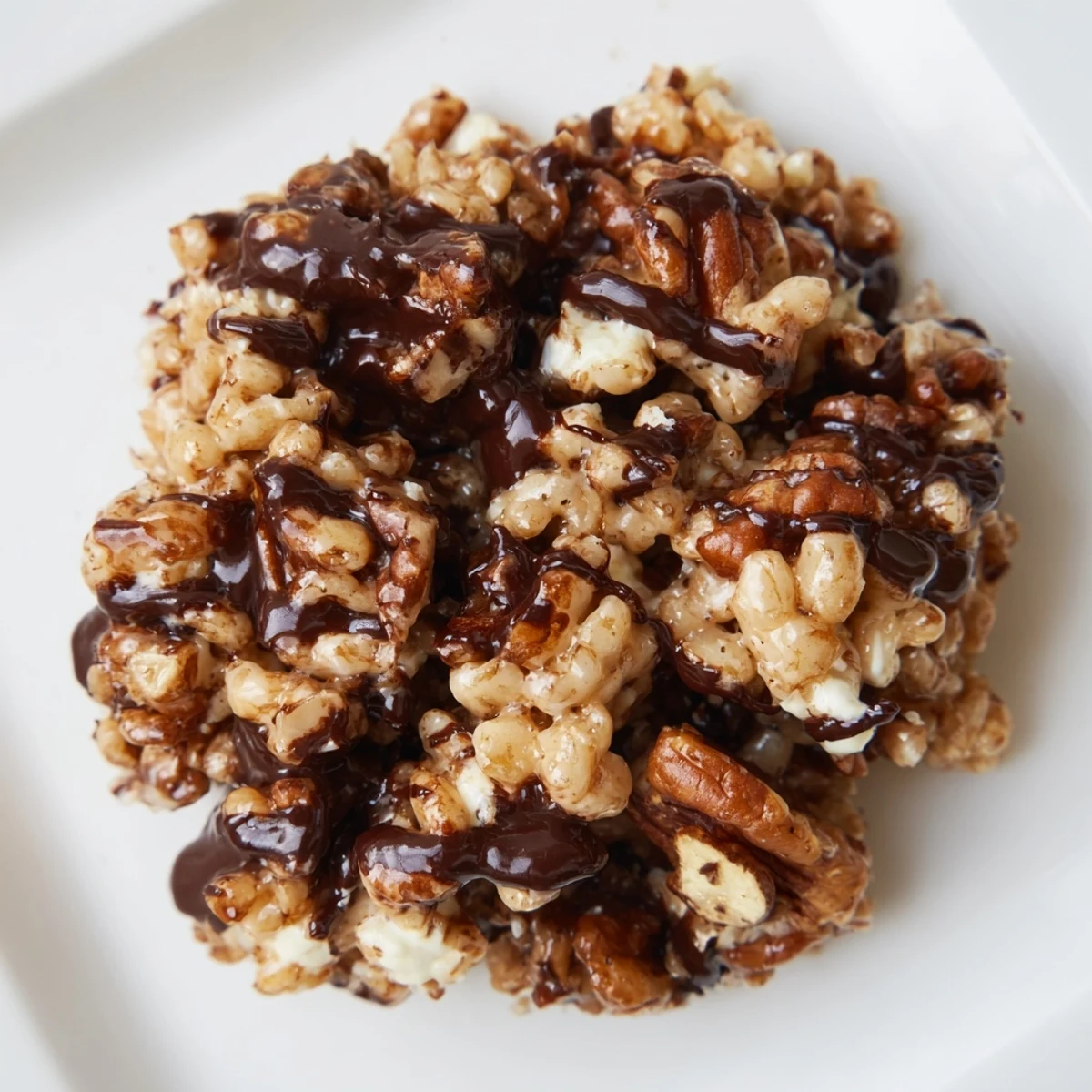 Golden-brown no-bake coffee crunch rice krispie cookies drizzled with chocolate on a cooling rack.
