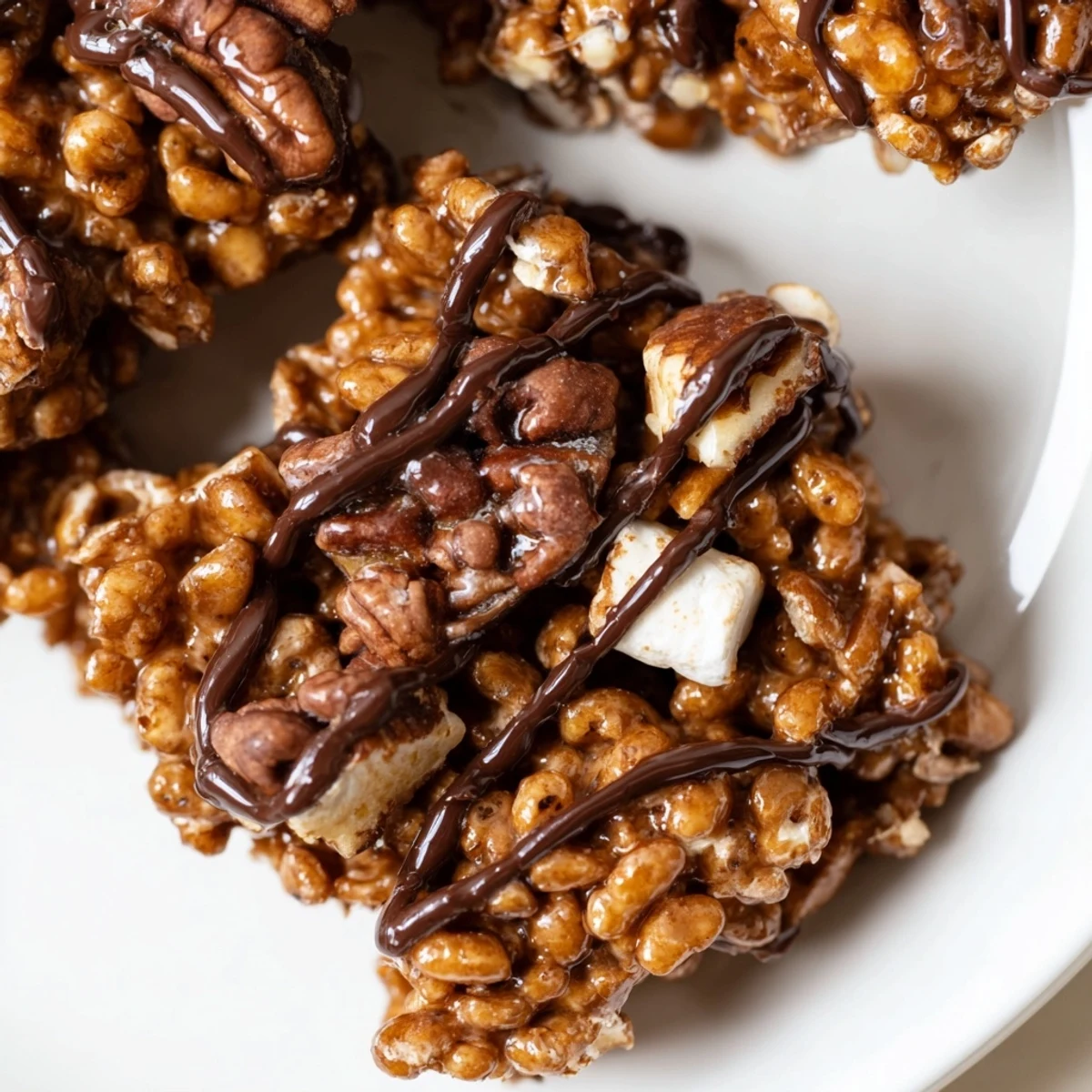 Chewy no-bake coffee crunch rice krispie cookies stacked high with a chocolate drizzle.