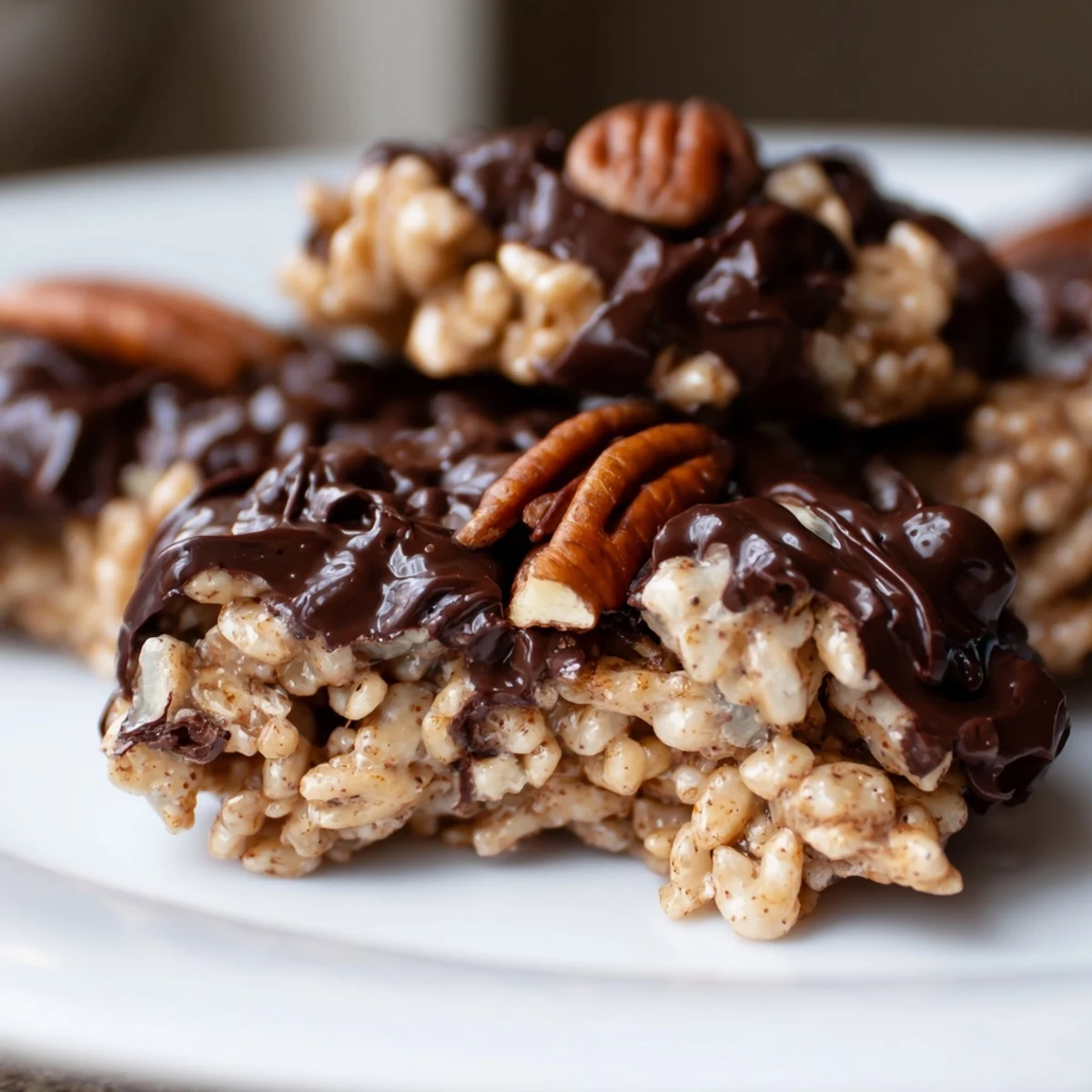 No-bake coffee crunch rice krispie cookies displayed on a wooden board beside a mug.