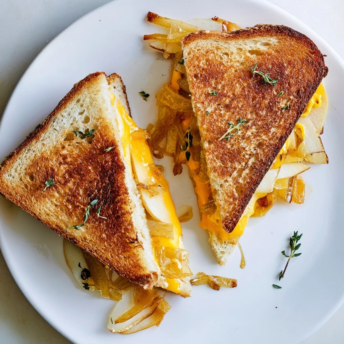 Golden brown sourdough slices layered with melted sharp cheddar, sweet pear and apple slices, and savory caramelized onions for a gourmet grilled cheese.