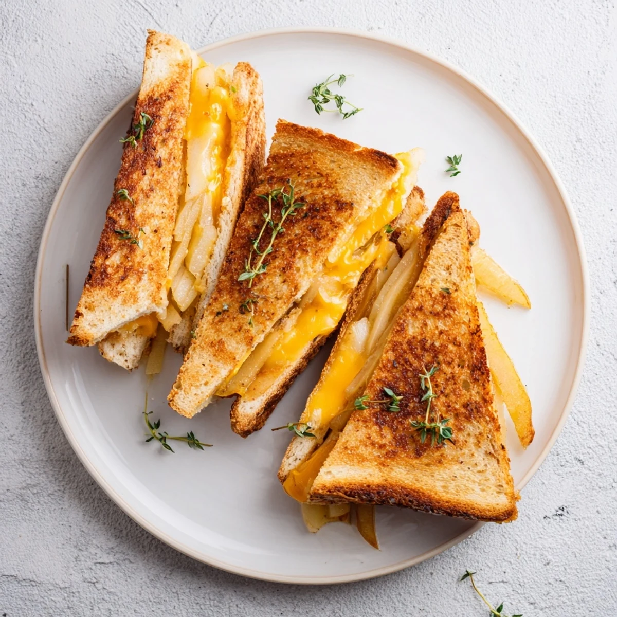 Warm Pear, Apple & Grilled Cheese with Caramelized Onions served on a rustic wooden cutting board, ready to be enjoyed.