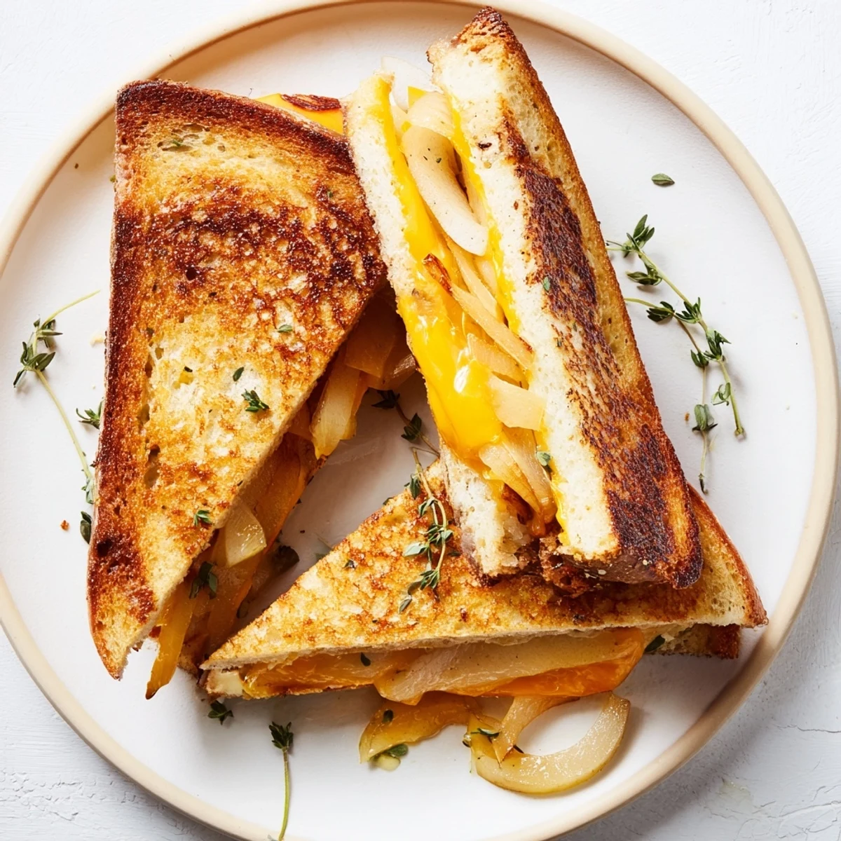 Melted cheese oozes from a crispy grilled sandwich featuring caramelized onions, fresh pear, and apple slices in this vegetarian main dish.